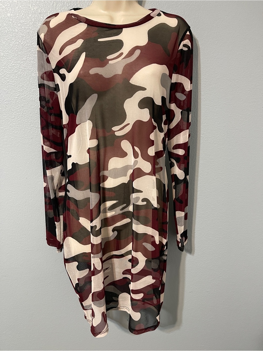 Forever 21 Camo Mesh Dress Sheer Long Sleeve Y2K Grunge Military Bodycon One Sz